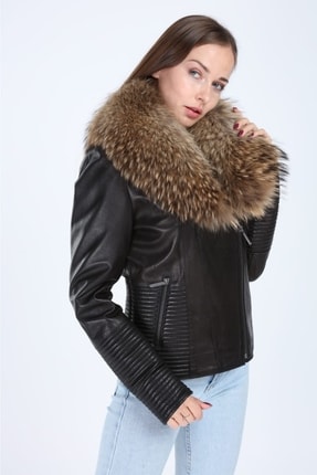 Hakiki Deri Tilki Model Kadın Siyah Ceket Image 2