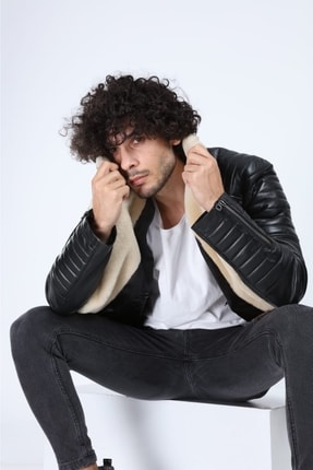 Hakiki Deri Erkek Siyah Maestro Model Içi Ve Yaka Kürklü Ceket Image 3