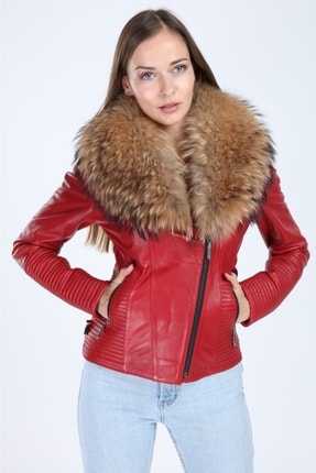Kadın Kırmızı Hakiki Deri Ceket Image 4