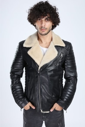 Hakiki Deri Erkek Siyah Maestro Model Içi Ve Yaka Kürklü Ceket Image 0
