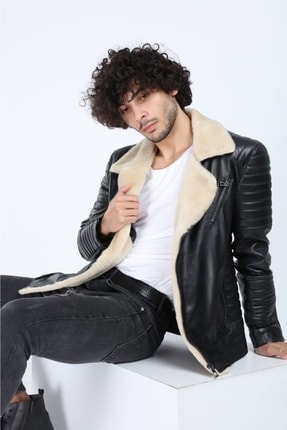 Hakiki Deri Erkek Siyah Maestro Model Içi Ve Yaka Kürklü Ceket Image 7