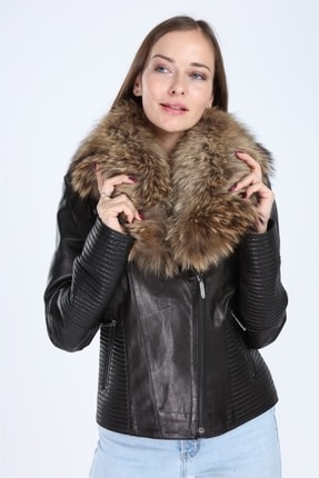 Hakiki Deri Tilki Model Kadın Siyah Ceket Image 7