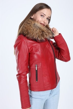 Kadın Kırmızı Hakiki Deri Ceket Image 5