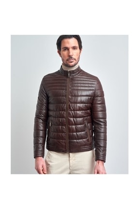Erkek Kahverengi Şişme Model Deri Mont Image 0