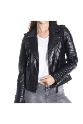 Kadın Siyah State Model Hakiki Deri Mont Image 1