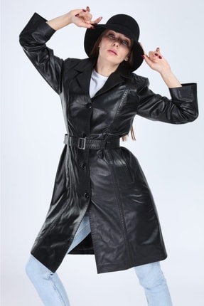 Geograpy Model Siyah Uzun Hakiki Deri Ceket Image 1