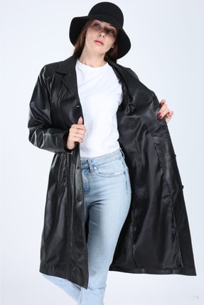 Geograpy Model Siyah Uzun Hakiki Deri Ceket Image 4