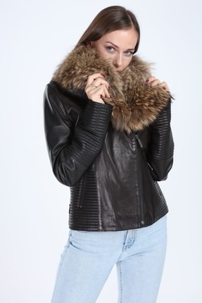 Hakiki Deri Tilki Model Kadın Siyah Ceket Image 8