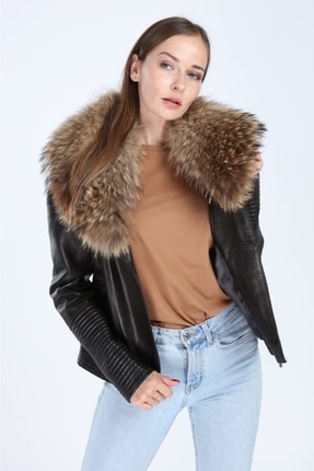 Hakiki Deri Tilki Model Kadın Siyah Ceket Image 11