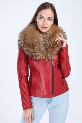 Kadın Kırmızı Hakiki Deri Ceket Image 0