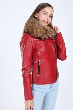 Kadın Kırmızı Hakiki Deri Ceket Image 1