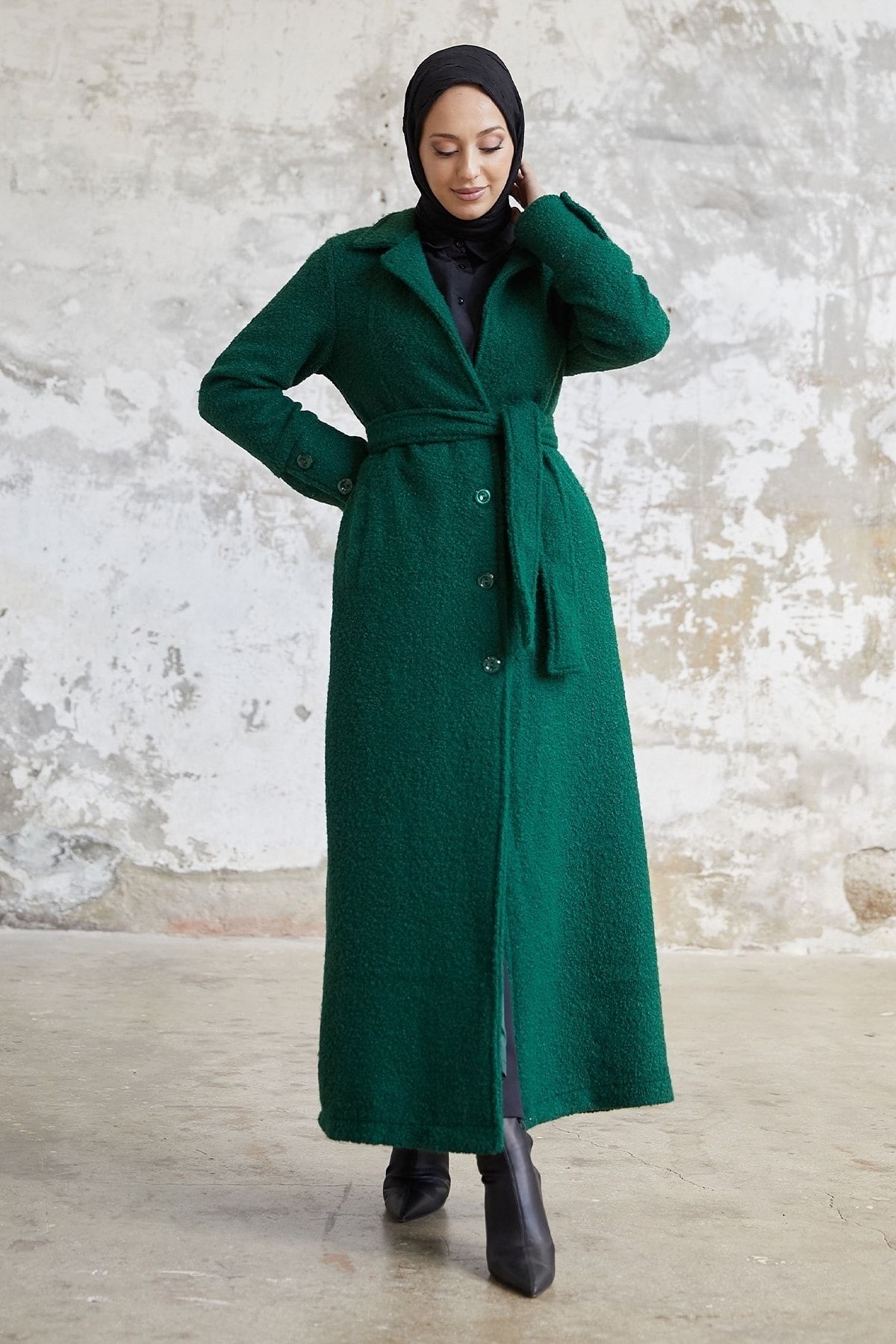 InStyle Aliva Lined Belted Cashmere Coat Emerald Green Trendyol