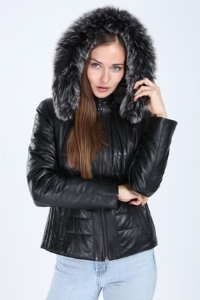 Kadın Siyah Greenland Model Kürk Kapşonlu Deri Mont Image 0