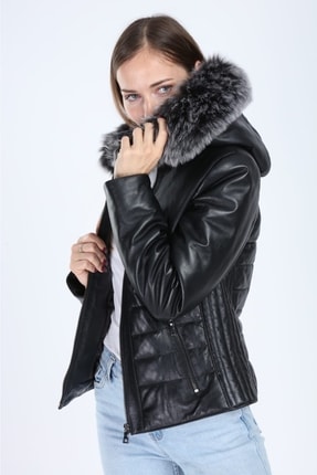 Kadın Siyah Greenland Model Kürk Kapşonlu Deri Mont Image 2