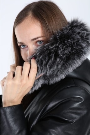 Kadın Siyah Greenland Model Kürk Kapşonlu Deri Mont Image 4