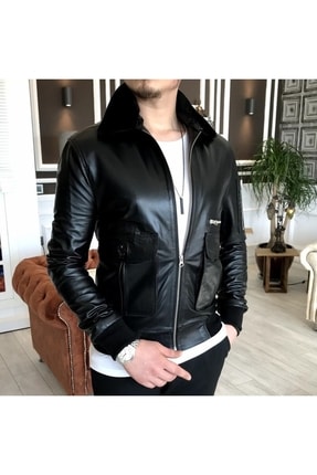 Erkek Siyah Flower Model Yaka Kürklü Deri Mont Image 2