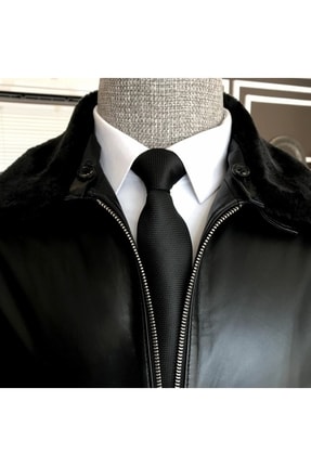 Erkek Siyah Flower Model Yaka Kürklü Deri Mont Image 4