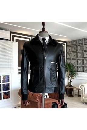 Erkek Siyah Flower Model Yaka Kürklü Deri Mont Image 1
