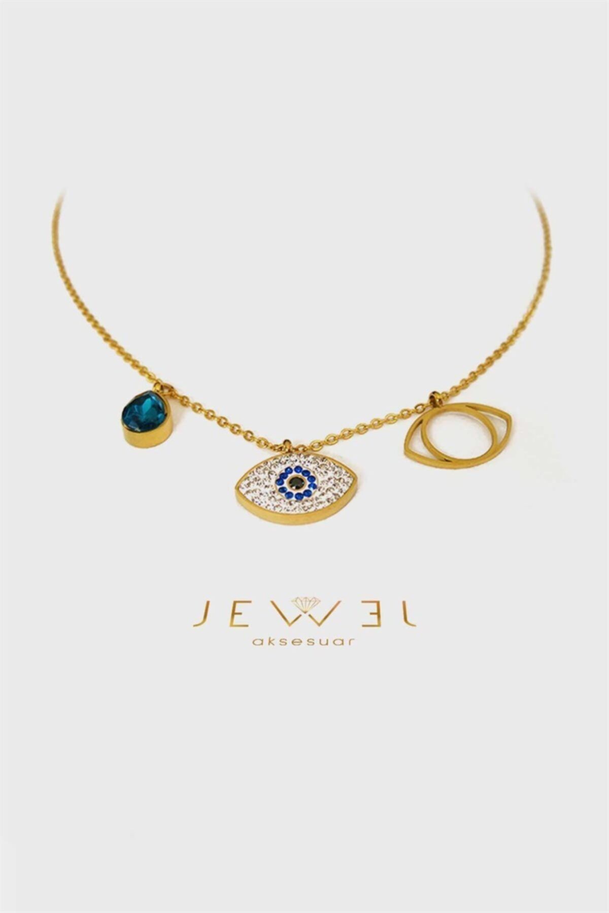 Jewel Mavi Taş Geçmeli Gold Altın Kaplama Kolye