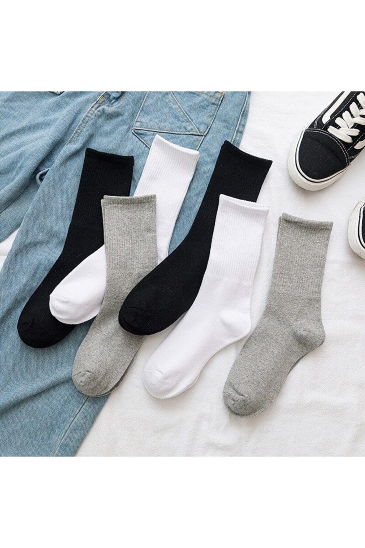 SOCKSHION 6 Çift Siyah/beyaz/gri Çizgisiz Pamuklu Kolej Tenis Çorap