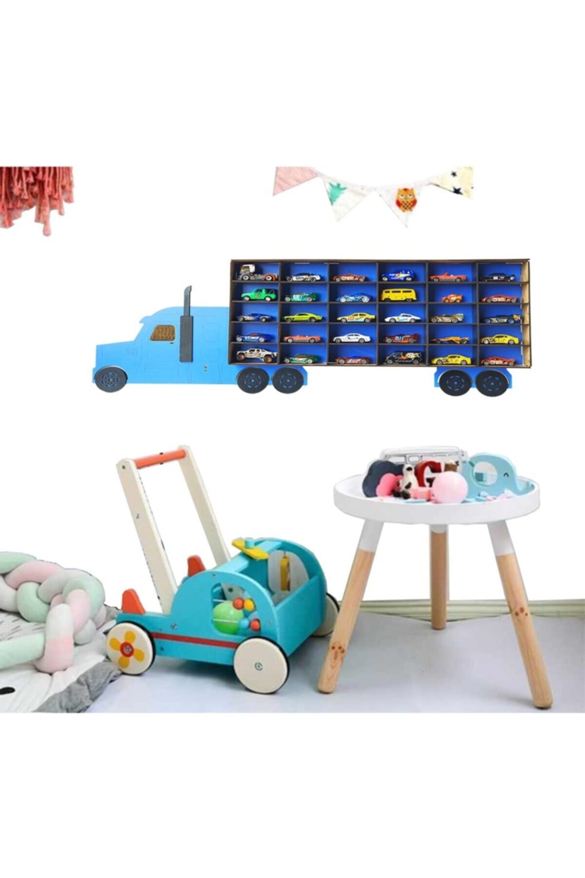 WoodyLife Çocuk Bebek Odası Oyuncak Araba Rafı Hot Wheels Uyumlu Mavi