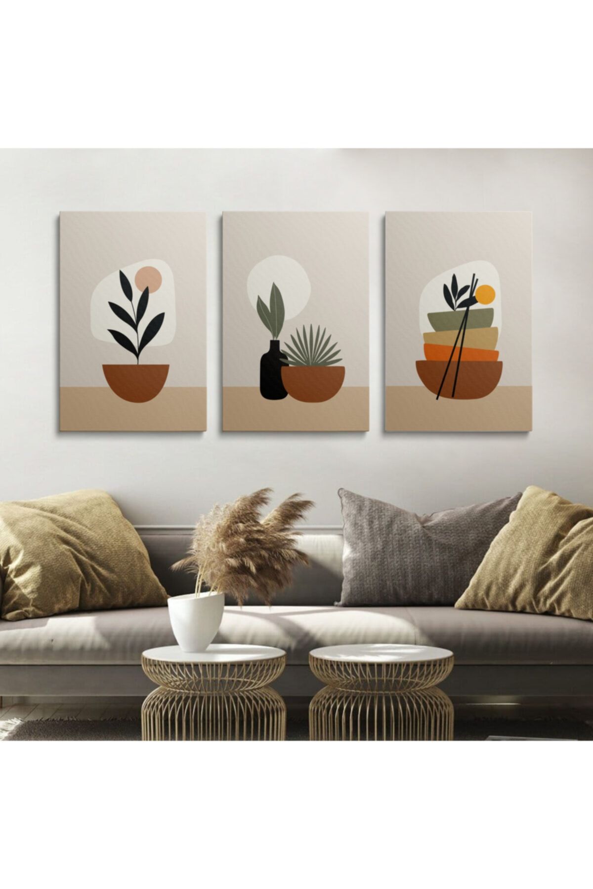 HOMEPACK Kanvas Duvar Tablosu Boho Çiçekler 3'lü Canvas Tablo Seti