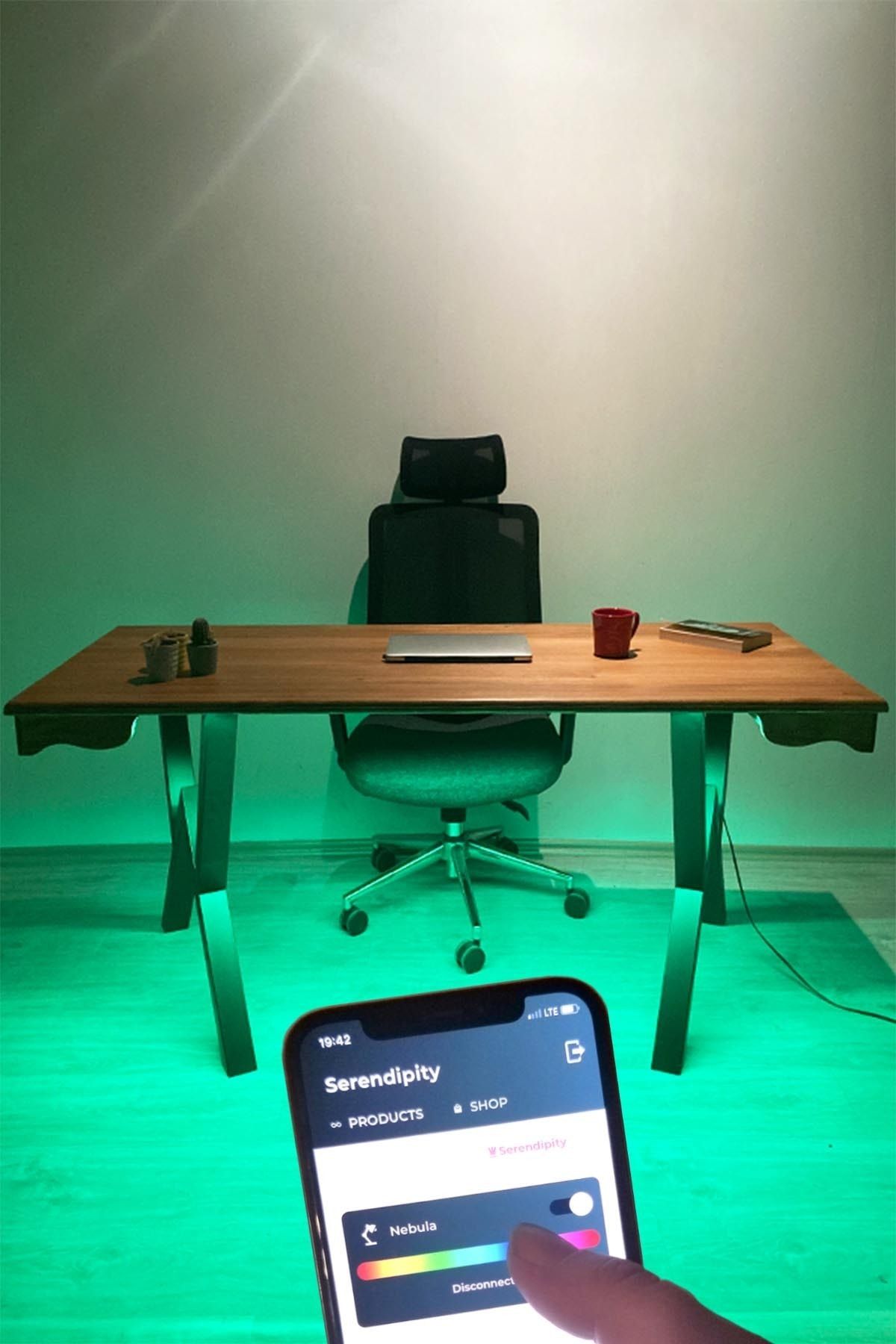 IoF Masif Büro Masası Led Işıklı Akıllı Siyah Masa 70x180 Cm