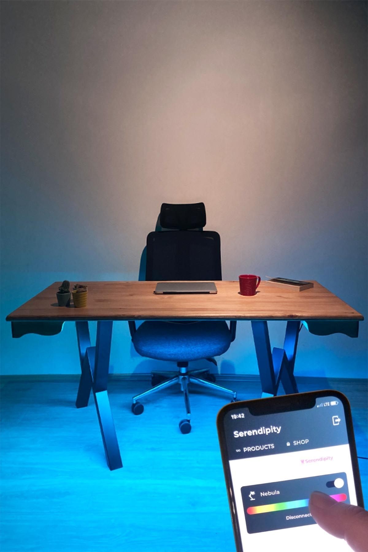 IoF Ahşap Çalışma Masası Led Işıklı Akıllı Masif Masa 70x150 Cm