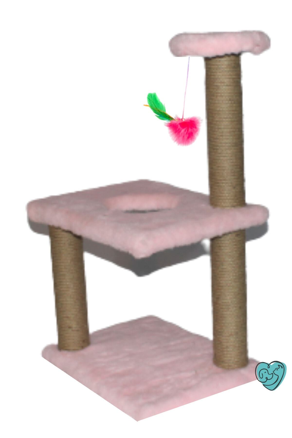BYPET Middle Pembe Peluş Kaplı Ponponlu Kedi Tırmalama Oyun Ve Eğlence Alanı