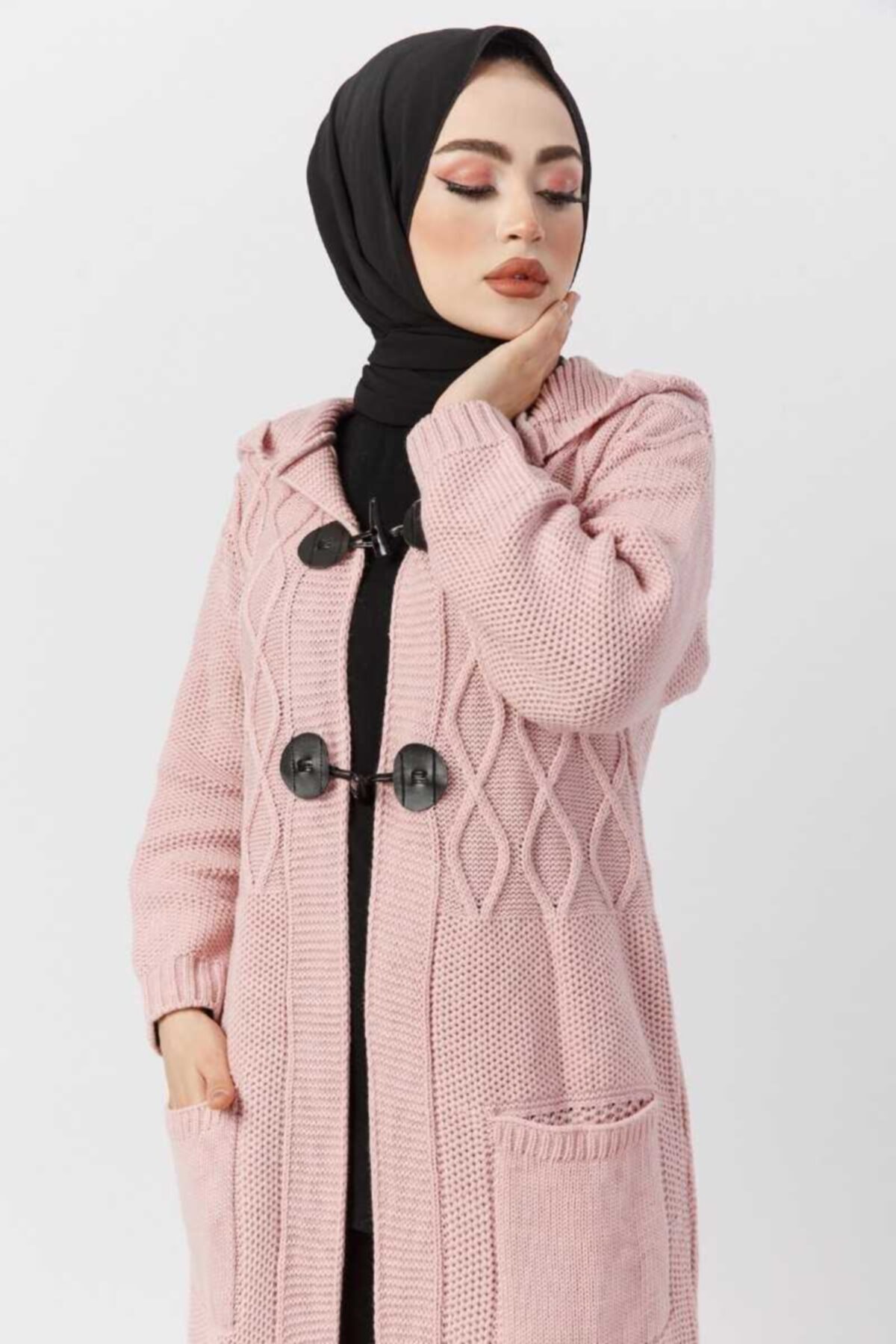 BURCU TESETTÜR Kadın Pembe Kapşonlu Triko Hırka Mfs5040