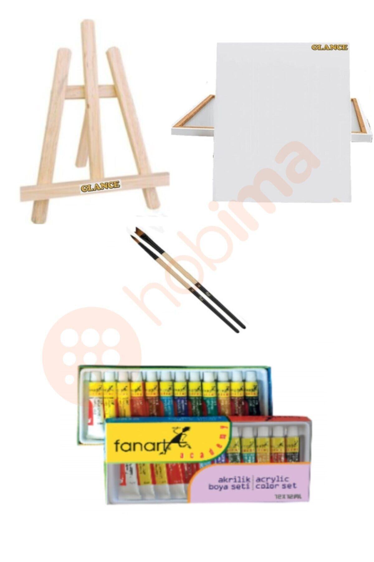 Fanart Glance Şövale Mini+tuval 25x35+ Academy Akrilik Boya Seti 12x12 ml+fırça Set