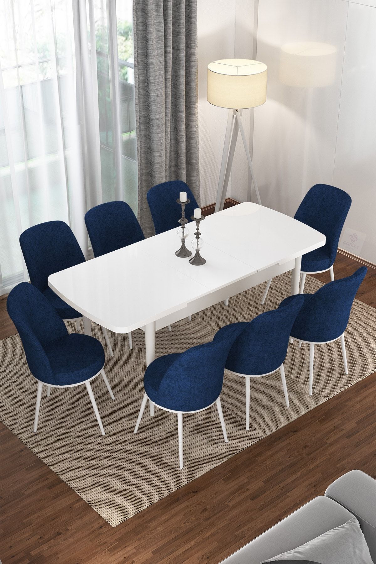 Canisa Concept Via Serisi Açılabilir Beyaz Renk Mutfak Masası Takımı, Yemek Masası+8 Lajivert Sandalye