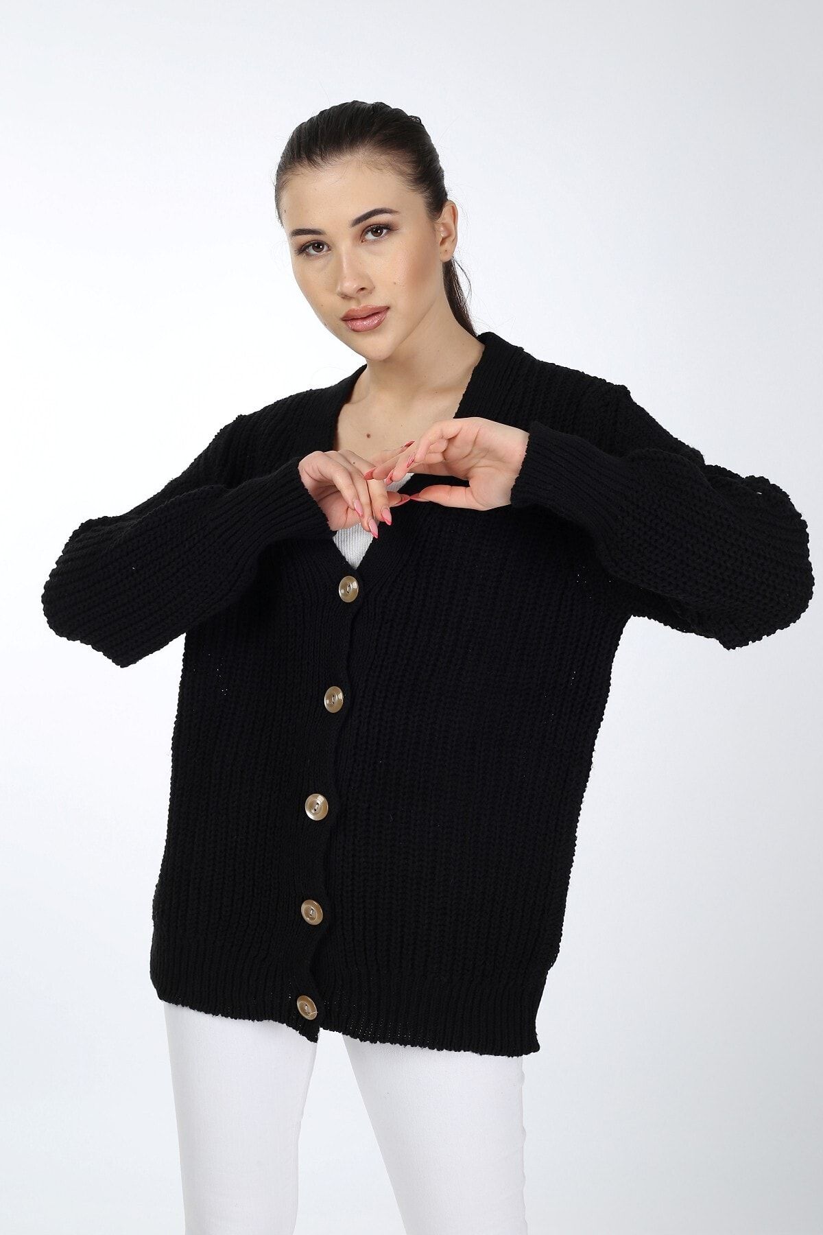 uniq store Siyah Düğmeli Uzun Hırka 1716