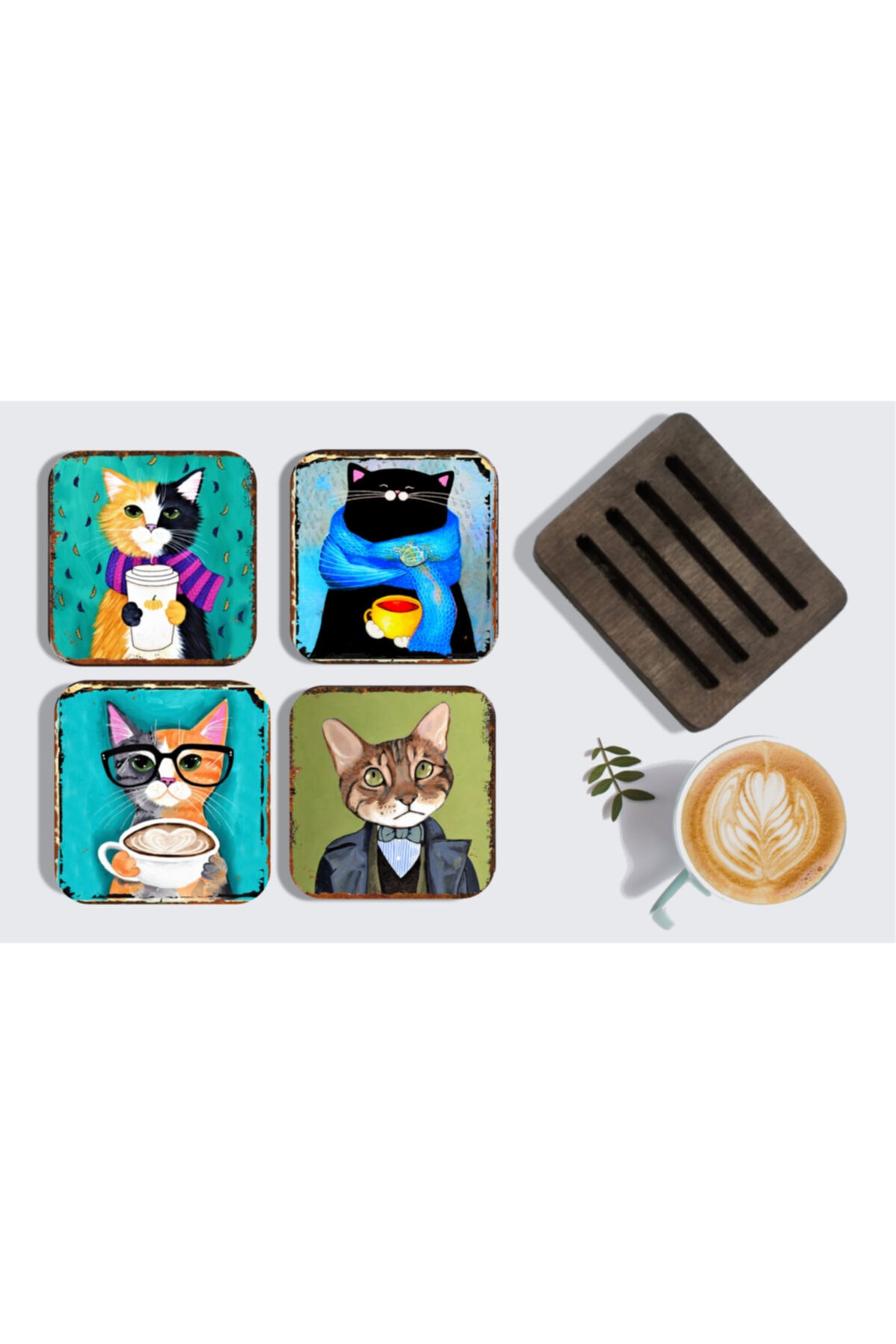 Griffon Shop Stand Hediyeli Kedili Metal Baskılı 4'lü Bardak Altlığı Seti