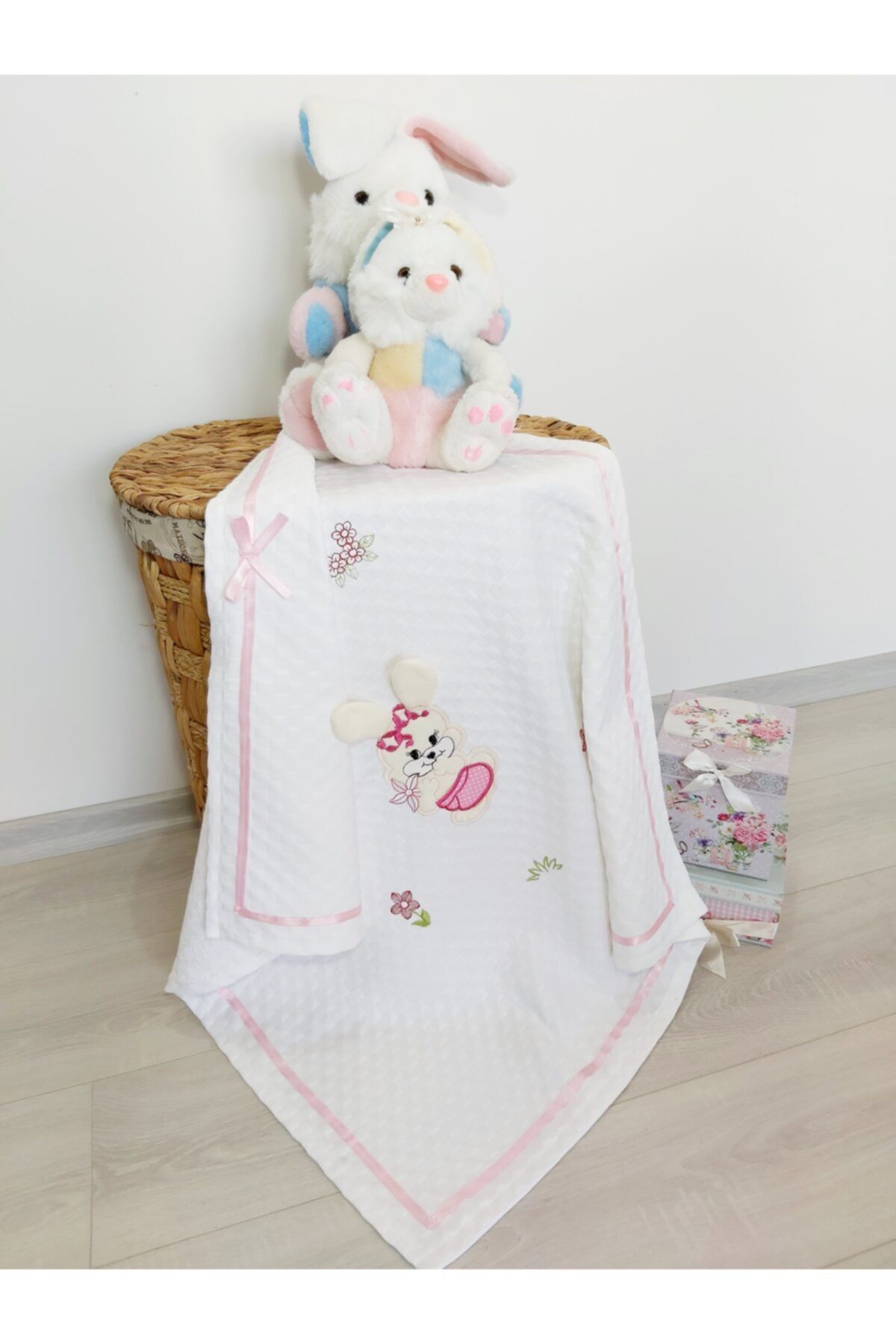 mellowbabystore %100 Pamuk Pembe Tavşan Desenli Yenidoğan Bebek Pikesi