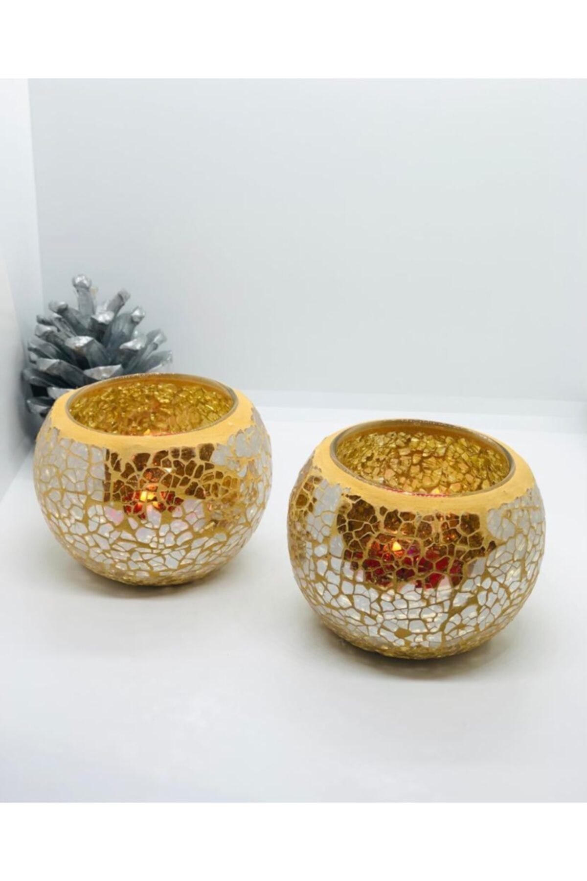 başkent gümüş ve hediyelik Mozaik 2'li Mumluk Seti Gold(altın)rengi Çevresi 24 Cm.boyu 7 Cm.+hediyeli