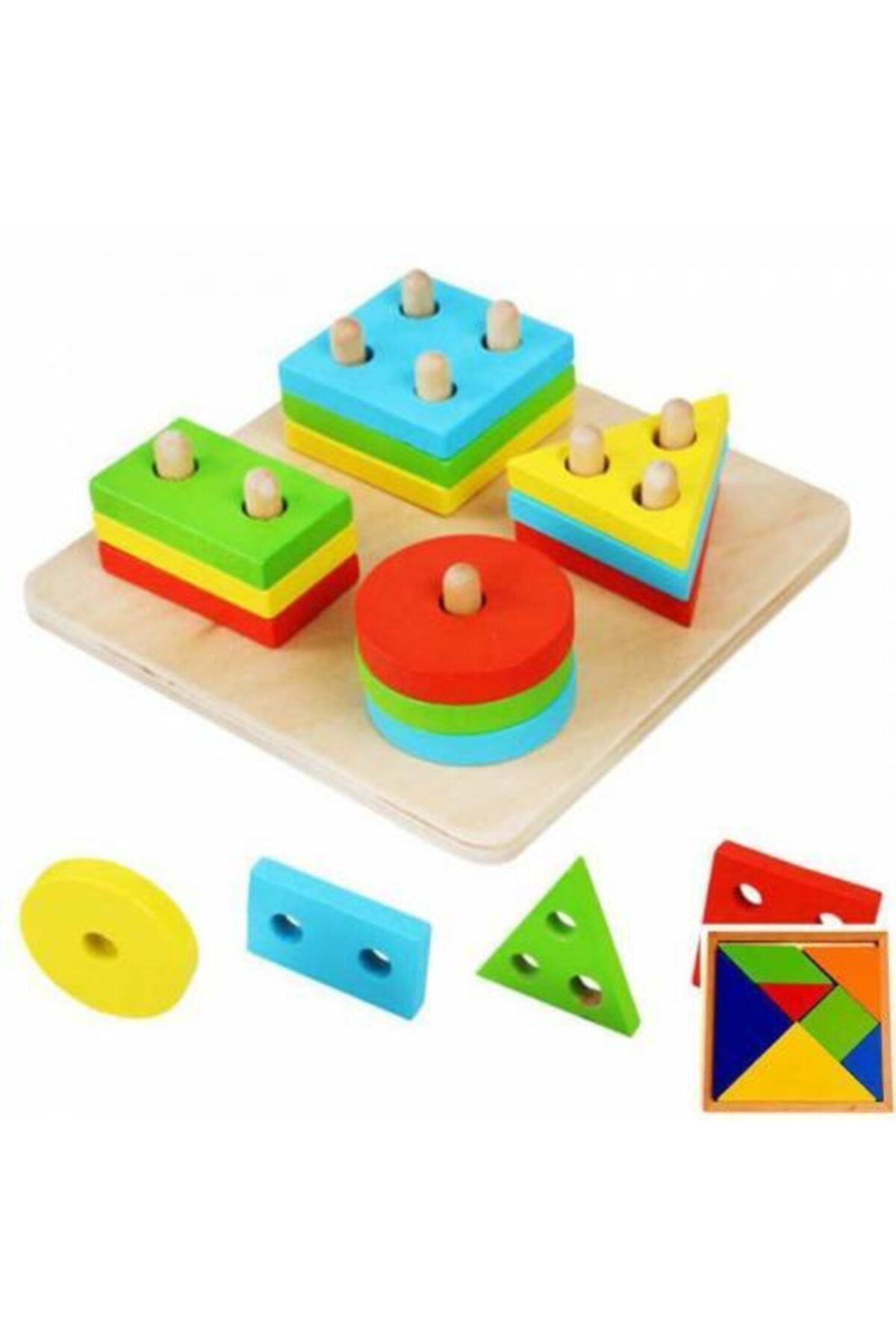 Mashotrend 17 Parça Mini Zeka Geliştirici + Tangram Hediyeli - Geometrik Şekil Yerleştirme Ahşap Çocuk Oyuncak