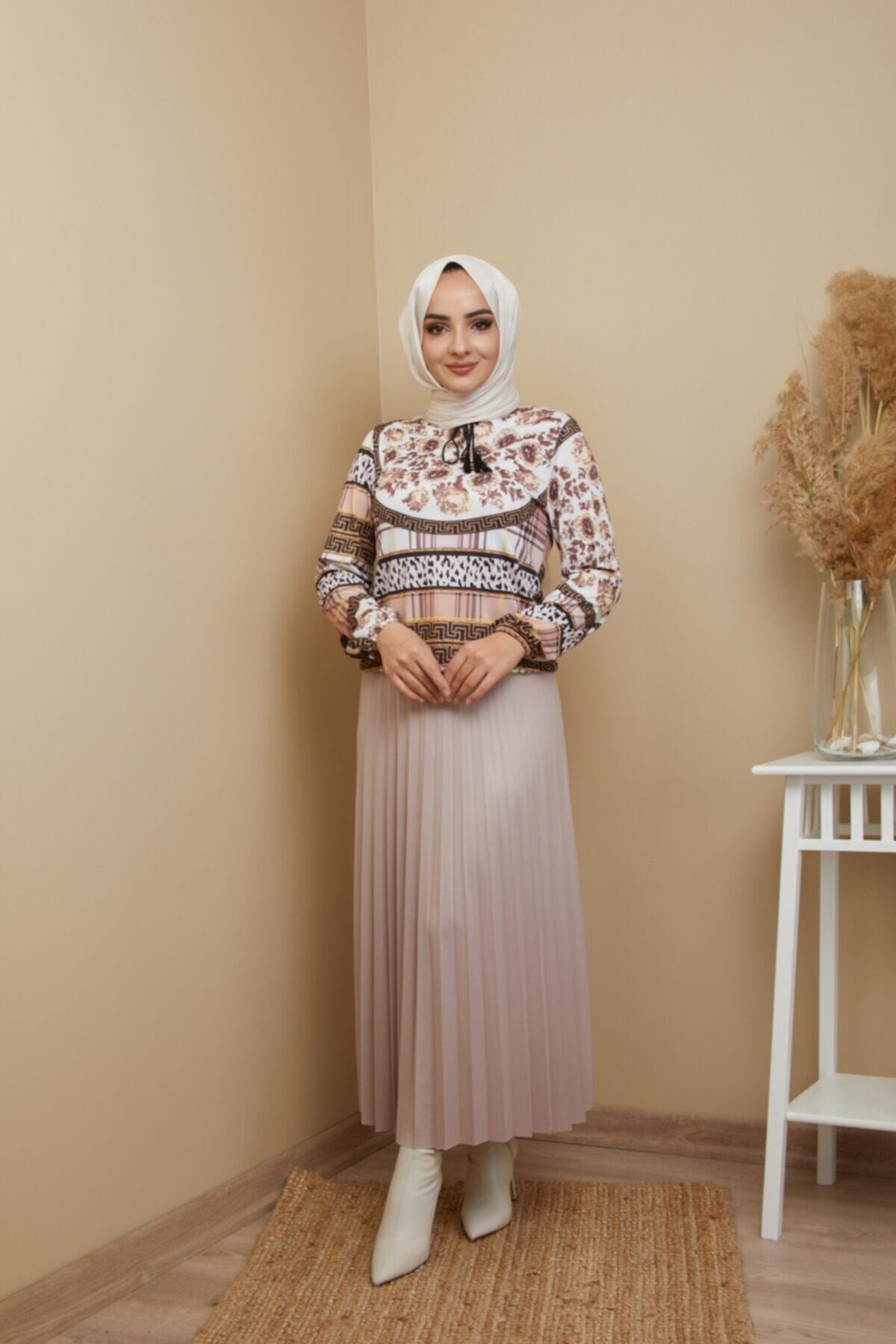 ALLMİRA FASHION Kadın  Bej Pliseli Deri Görünümlü Etek