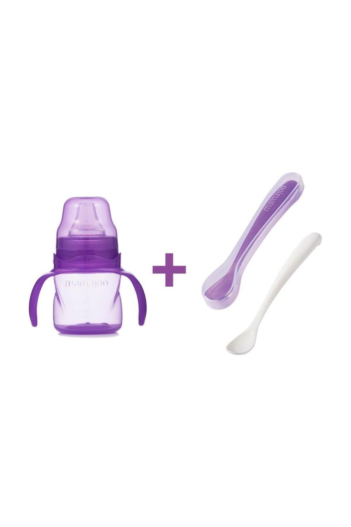 Mamajoo Kulplu Eğitici Bardak 160 ml & İkili Beslenme Kaşığı/Mor
