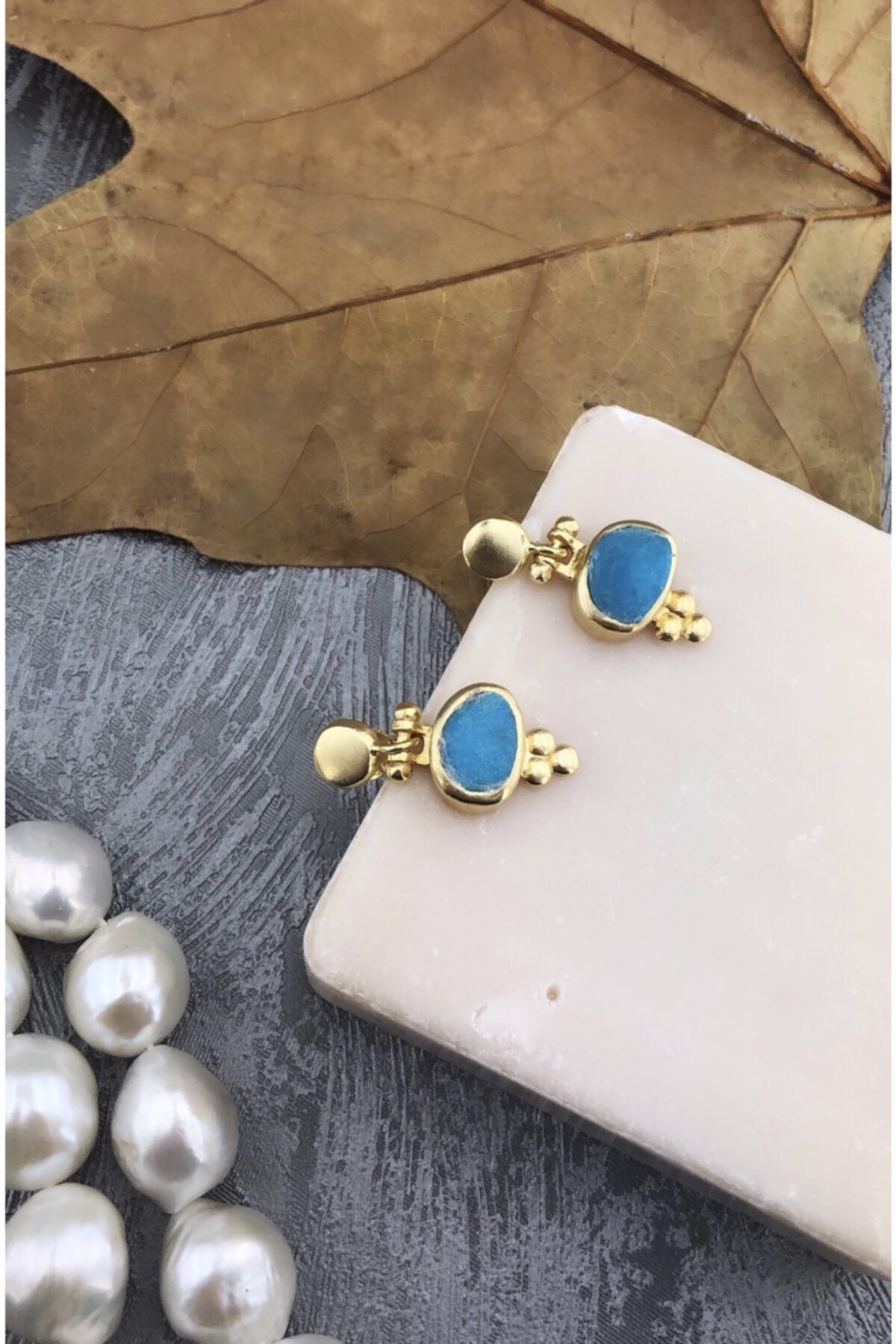 Joel Jewelry Turkuaz Taşlı Altın Kaplama 925 Ayar Gümüş Küpe