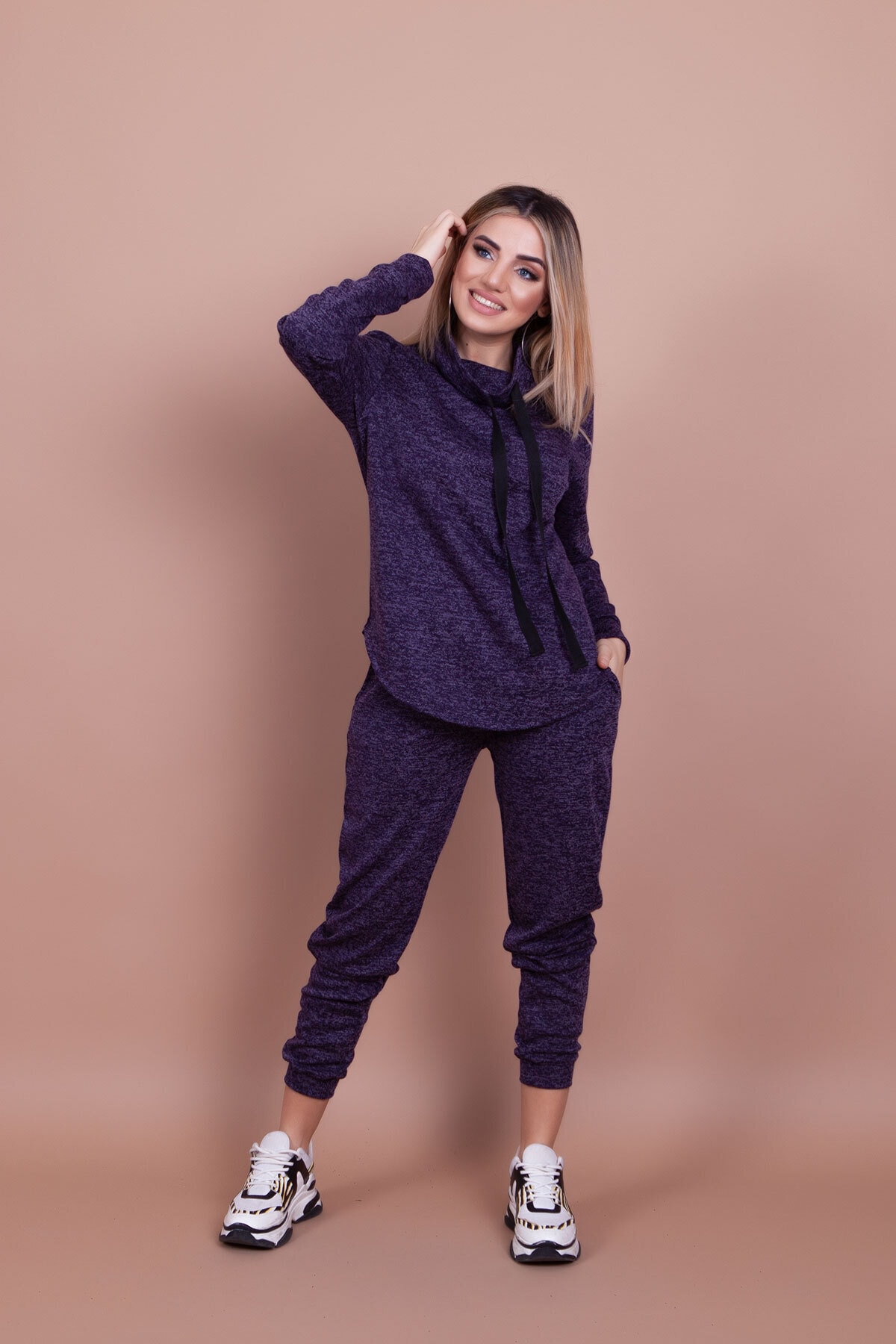 Bidoluelbise Kadın Mürdüm Kırçıllı Eşofman Takımı