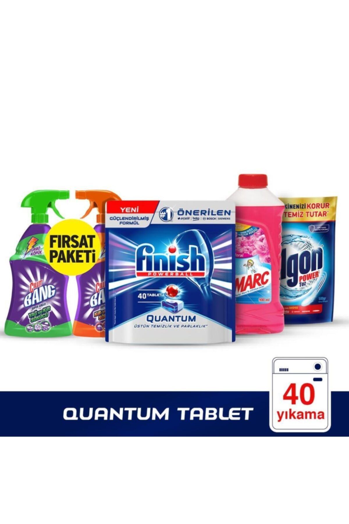 Finish Quantum 40 Tablet+marc 900ml Floral + Calgon 500 gr Toz + Cillit Bang Mutfak&banyo Sprey Set
