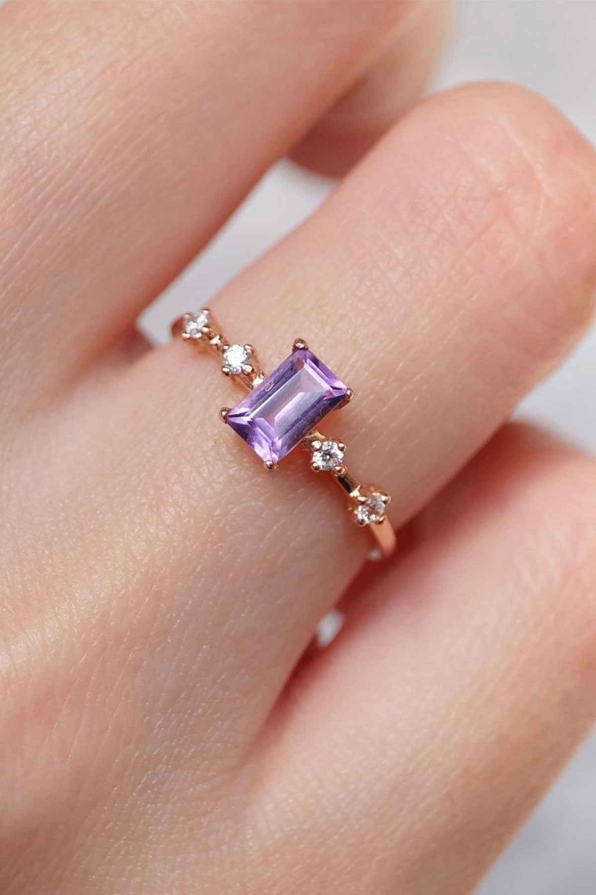 My Diamond Baget Ametist Ve Pırlanta Yüzük 14 Ayar Rose Altın