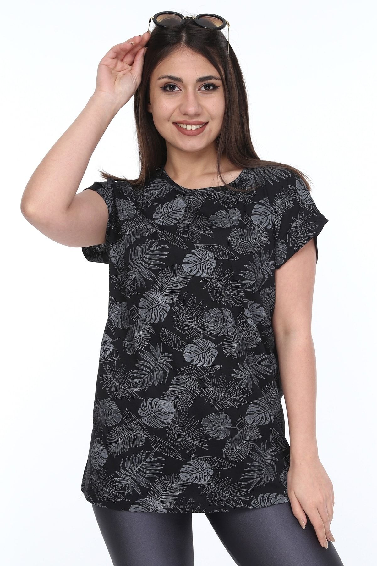 Moda Ataman Kadın Büyük Beden Siyah Desenli Günlük T-shirt