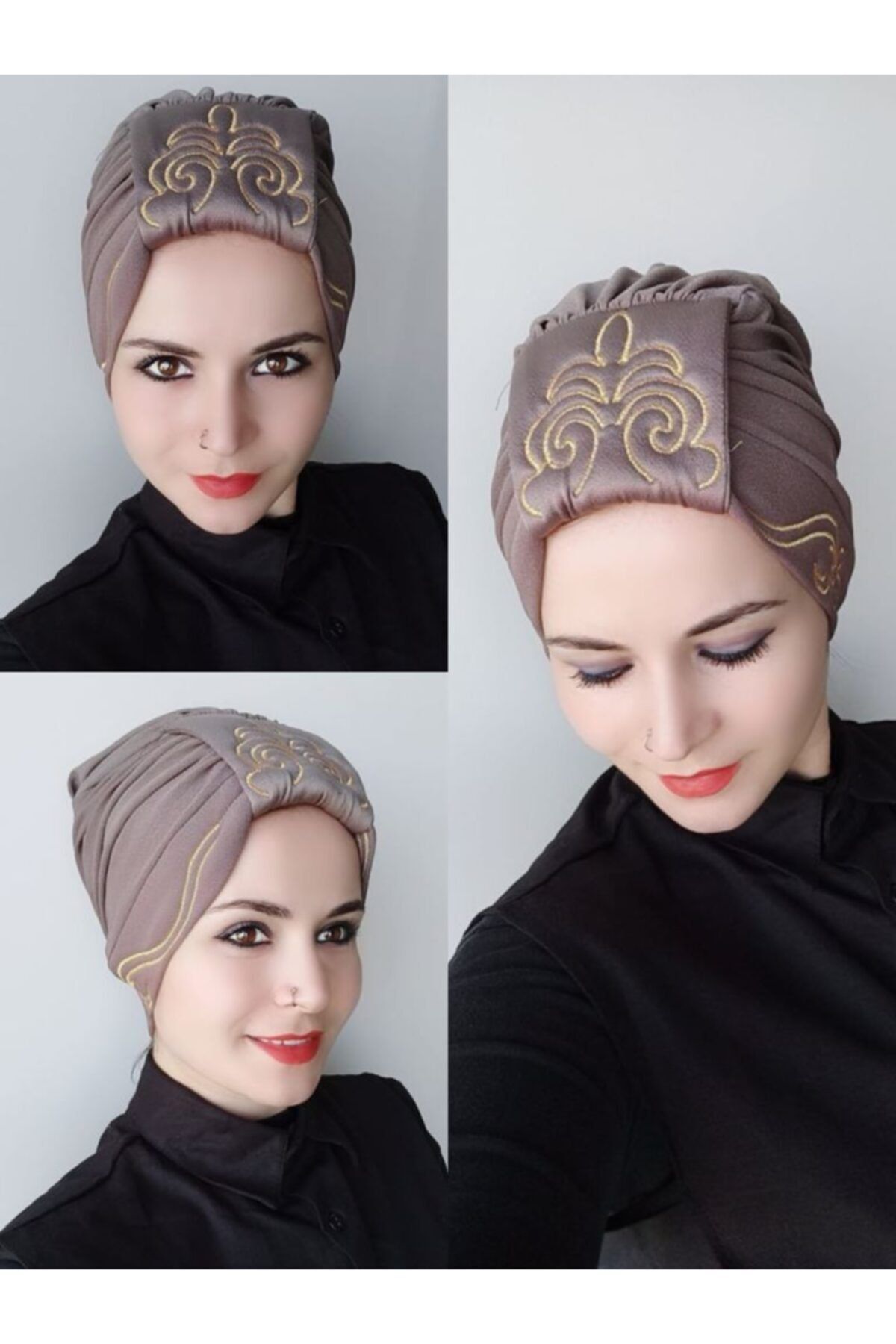 BUTİK AYVİTRİN Kadın Şal Nakış Işleme Çift Taraflı Bone Koyu Vizon