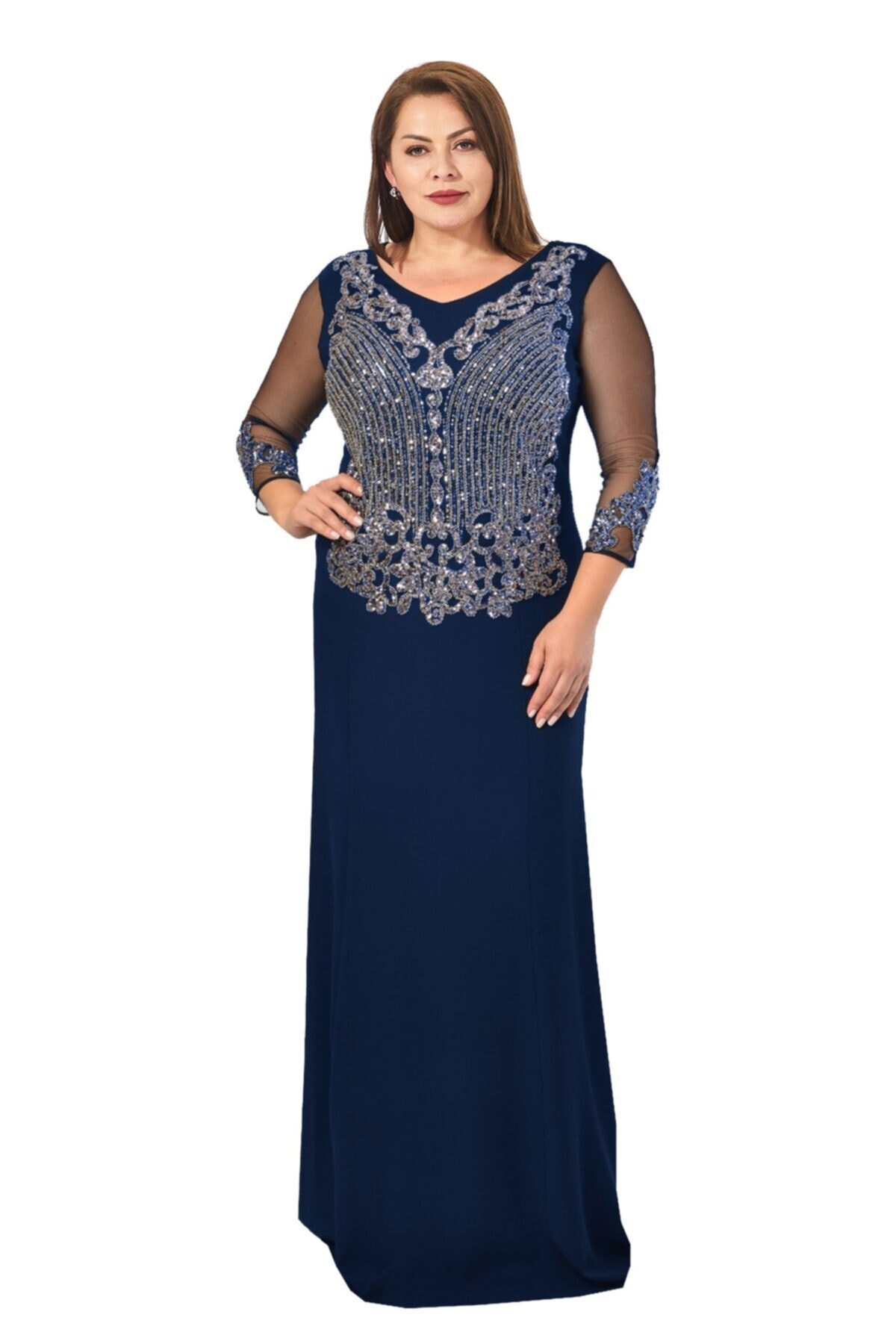 LİLAS XXL Kadın Pul Işlemeli Krep Büyük Beden Abiye Elbise