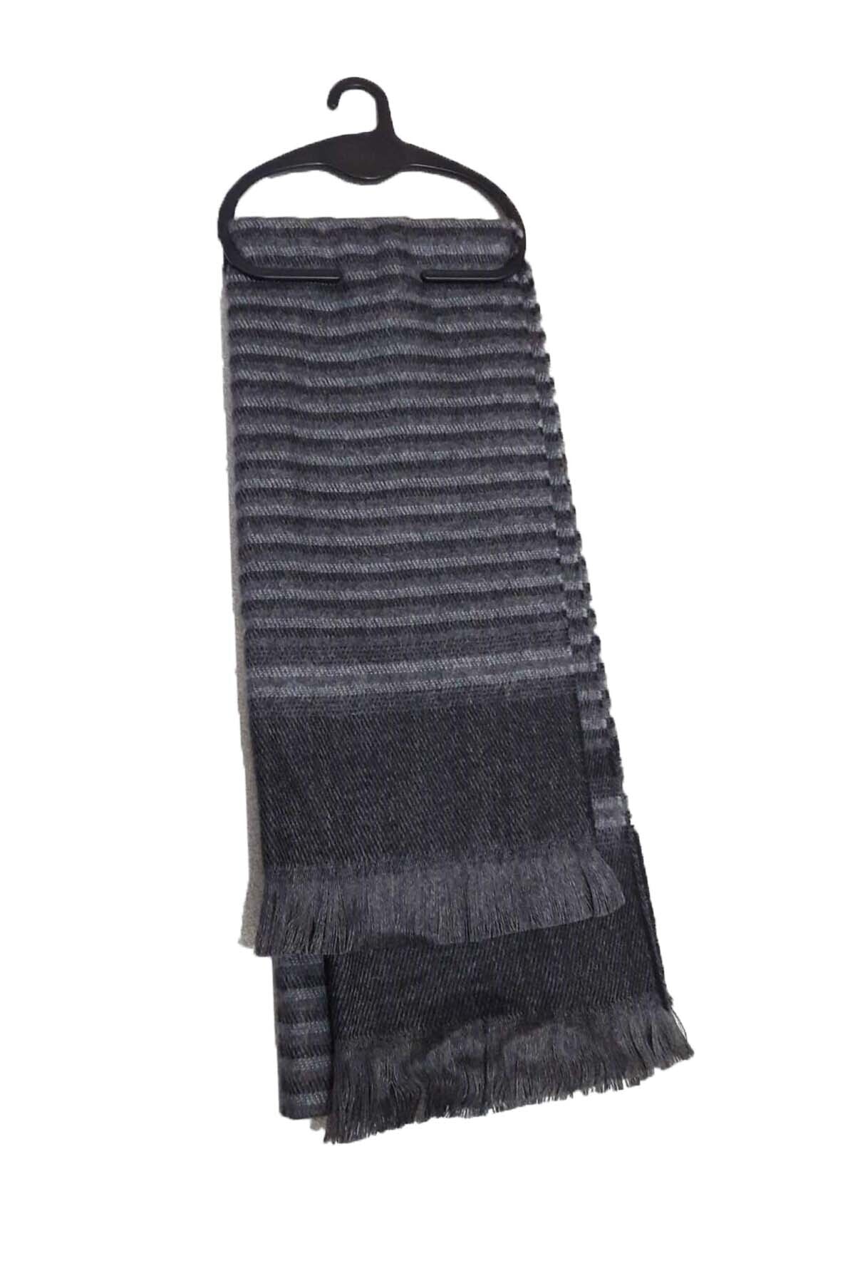 İnşirah Ayakkabı Gri Desenli Çizgili Erkek Yumuşak Dokulu Kışlık Viskon Atkı