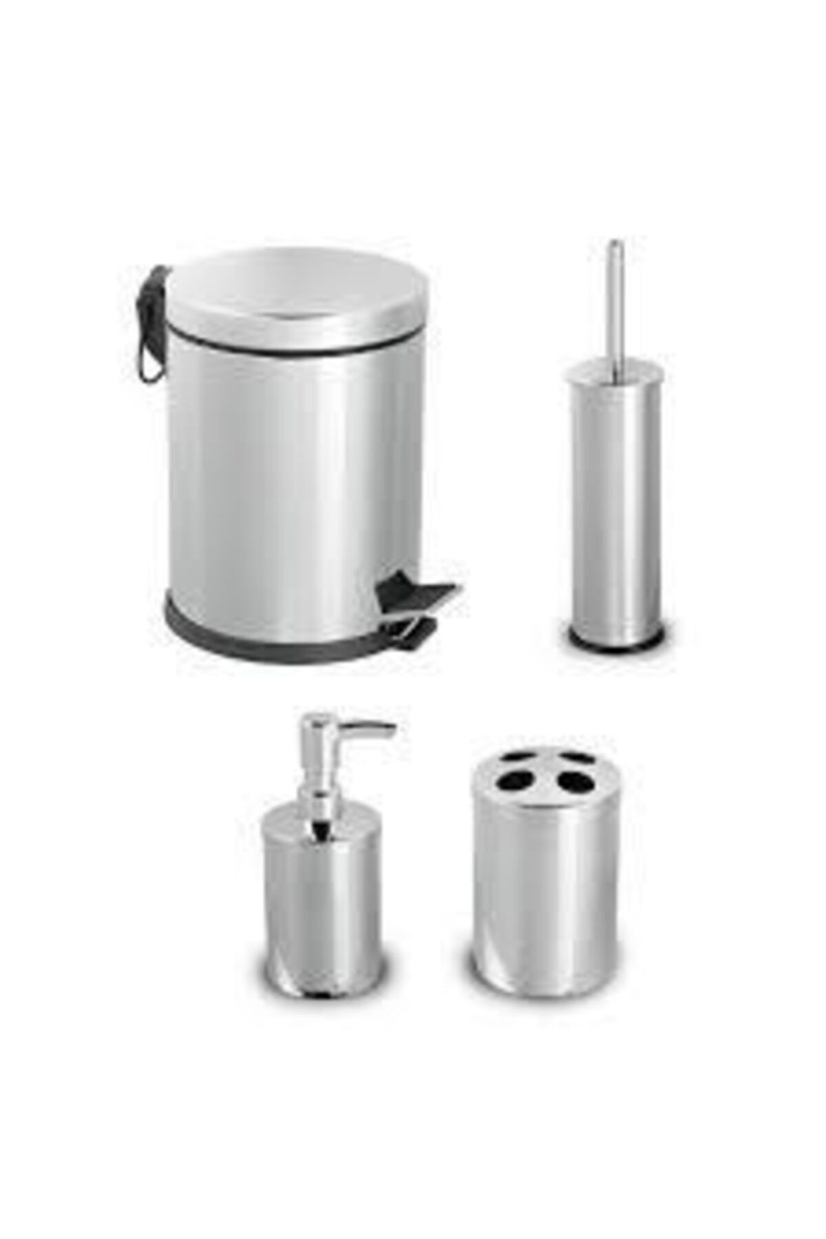 FE&GE STORE 4'lü Paslanmaz Banyo Seti Çöp Kovası + Klozet Fırça + Diş Fırçalık + Sıvı Sabunluk