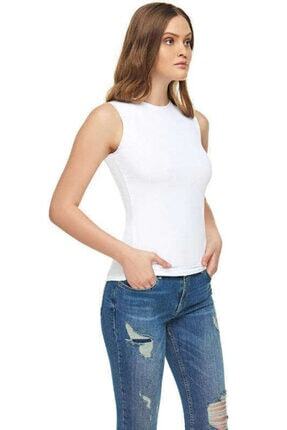 Kadın Beyaz Kadın Elastan Sıfır Kol T-shirt Image 0