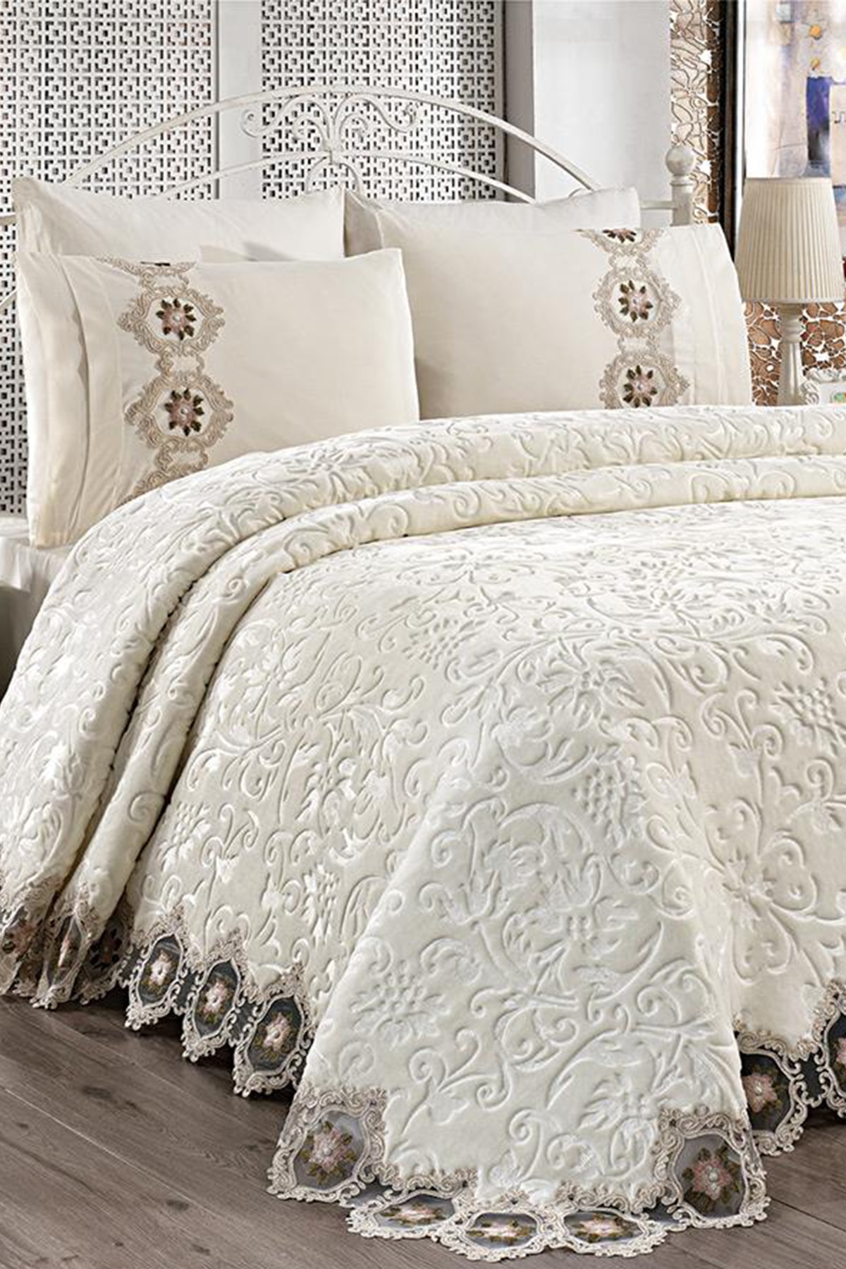 Çeyiz Diyarı Hitit Çift Kişilik Battaniye Seti Krem